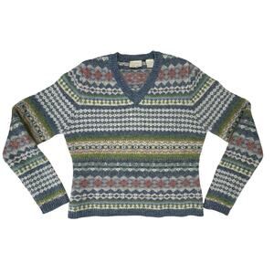 Vintage Fair Isle Wool Sweater V-Neck Nordic Knit Cozy Hygge Winter Pullover M